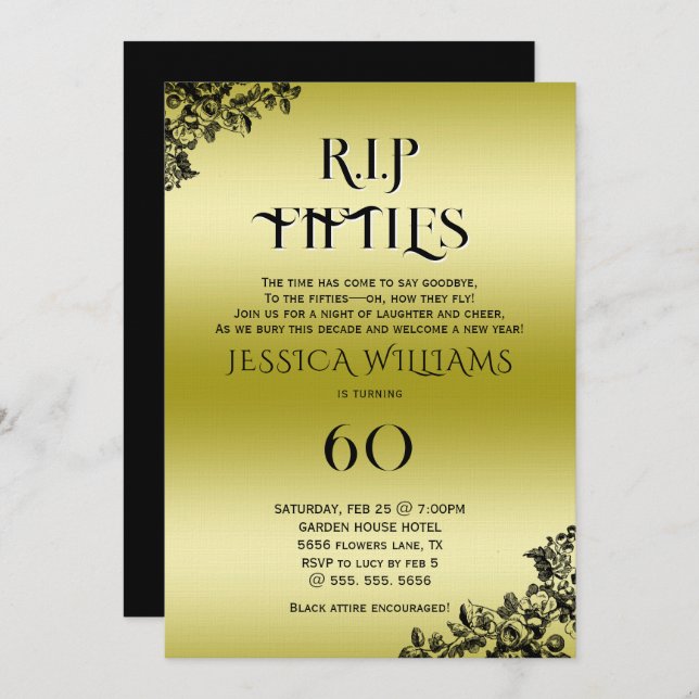 Invitación R.I.P. Fifties, Gothic 60th Birthday  (Anverso / Reverso)