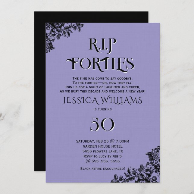 Invitación R.I.P. Forties, Gothic 50th Birthday  (Anverso / Reverso)