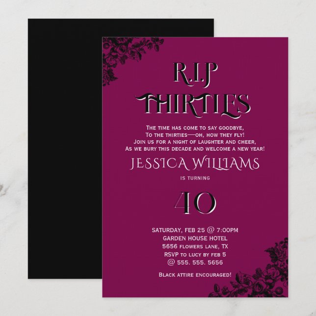 Invitación R.I.P. Treinta, Cumpleaños gótico 40  (Anverso / Reverso)