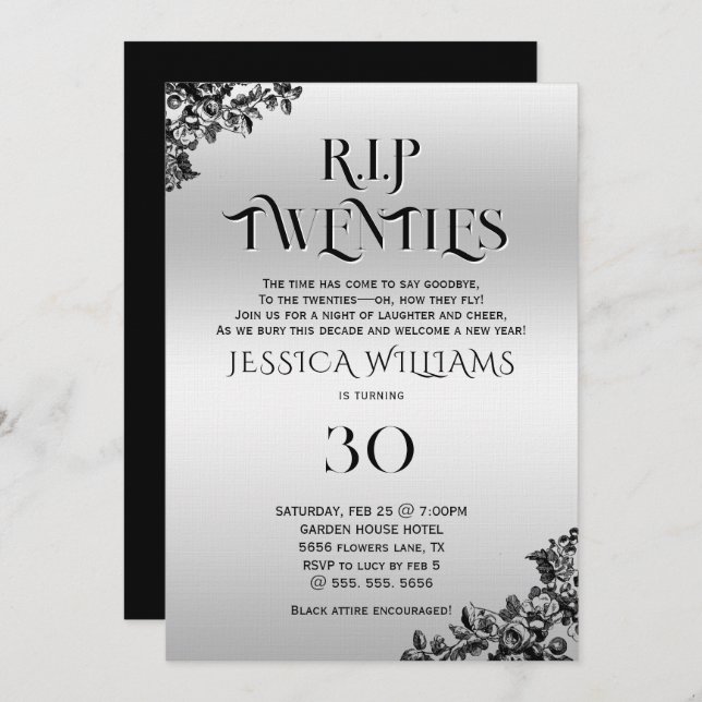 Invitación R.I.P. Twenties, Gothic 30th Birthday  (Anverso / Reverso)