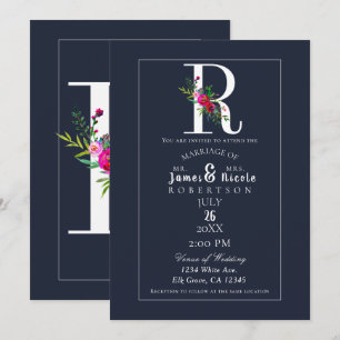 Invitación R Monograma Inicial Final Floral Azul Moderno Boda