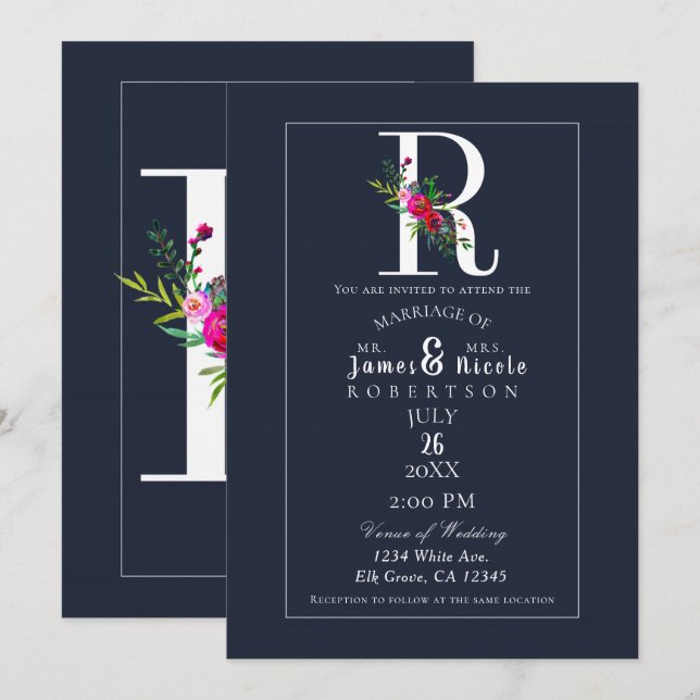 Invitación R Monograma Última Inicial Moderno Floral Azul Bod (Anverso / Reverso)