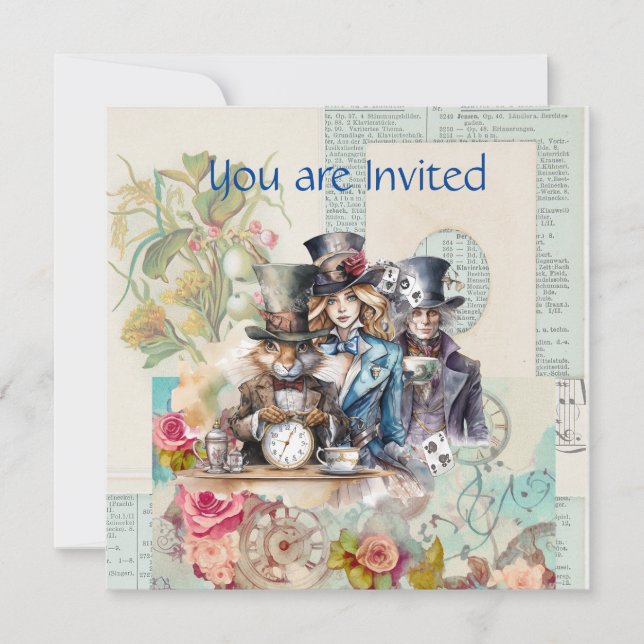 Invitación Rabbit, Alice y Mad Hatter en los sombreros superi (Anverso)