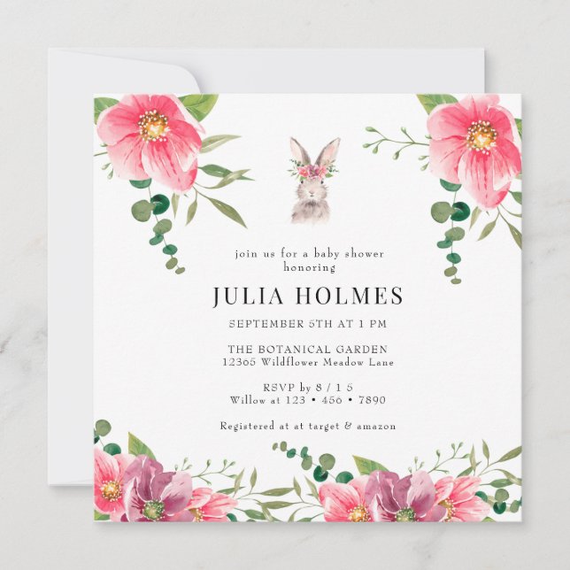 Invitación Rabbit Floral | Baby Shower verde (Anverso)