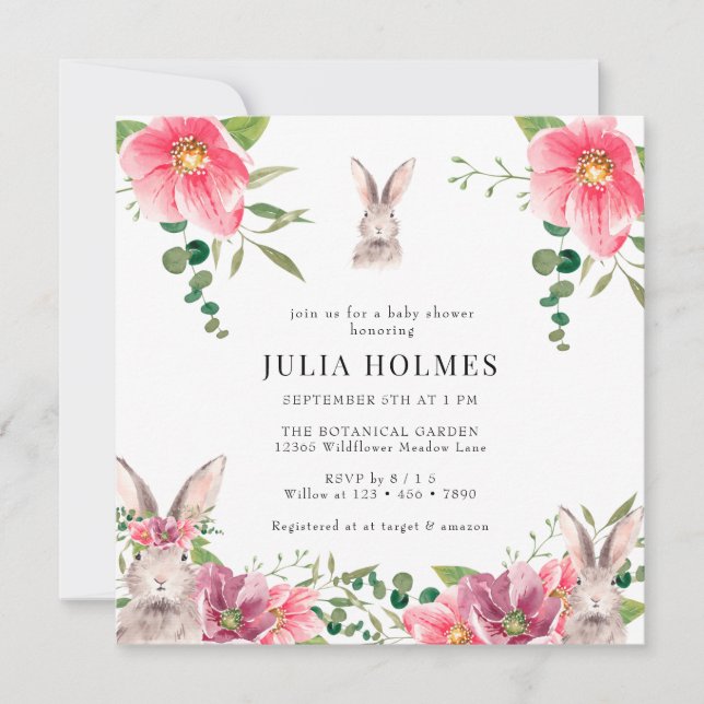 Invitación Rabbit Floral | Baby Shower verde (Anverso)