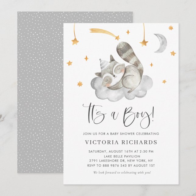 Invitación Racco dormido lindo gris es un niño Baby Shower (Anverso / Reverso)