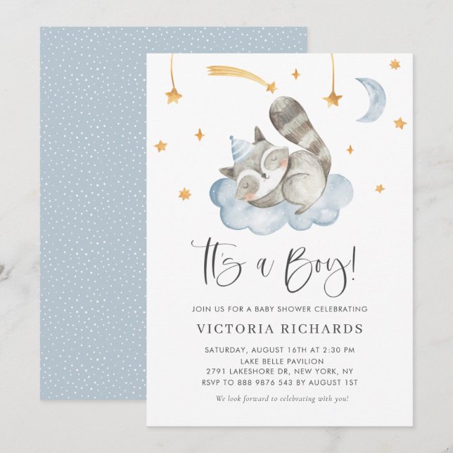 Invitación Raccoon azul dulce durmiente es un niño Baby Showe (Anverso / Reverso)