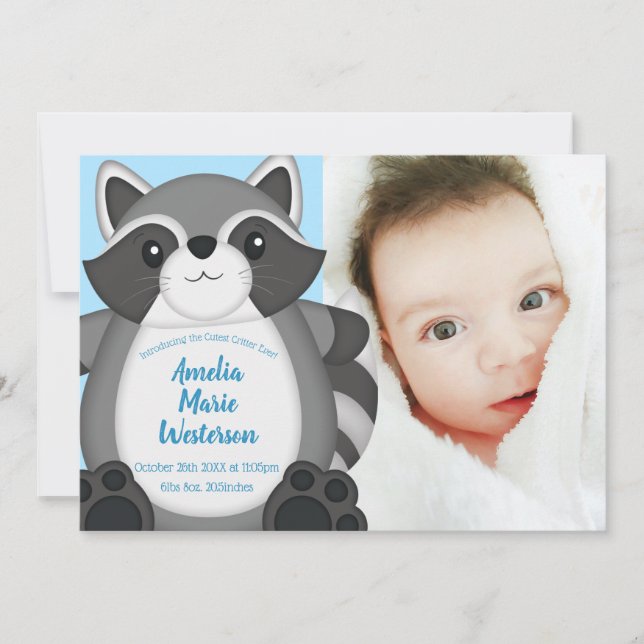 Invitación Raccoon Baby Shower Blue (Anverso)