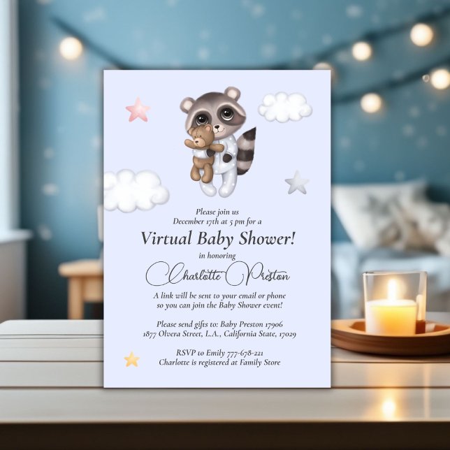 Invitación Raccoon Baby Shower Blue Virtual (Gentle Baby Boy Raccoon Blue Baby Shower Virtual Invitation)