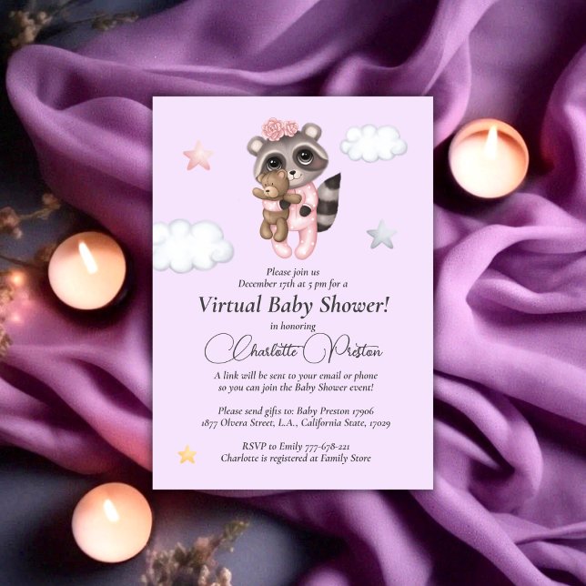 Invitación Raccoon Baby Shower Lavender Virtual (Gentle Raccoon Animal Girl Baby Shower Virtual Invitation)