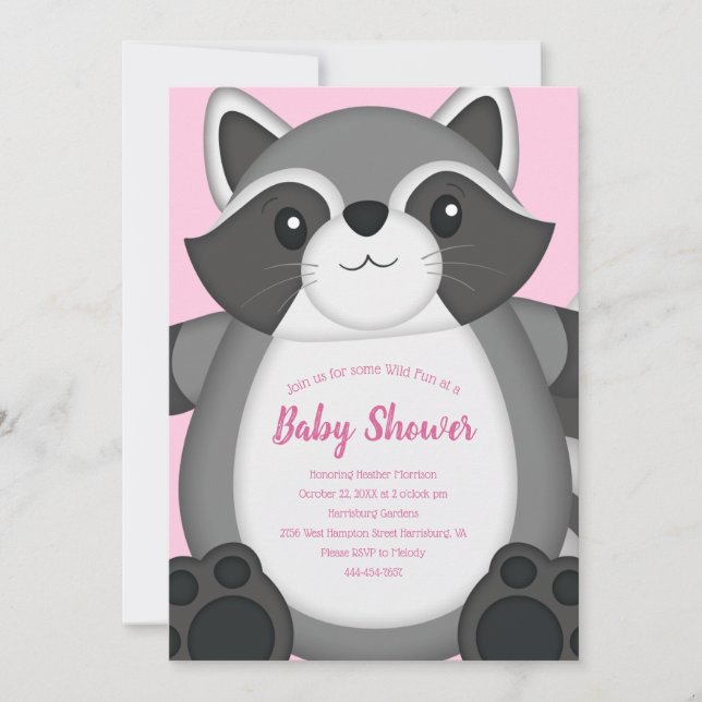 Invitación Raccoon Baby Shower Pink (Anverso)