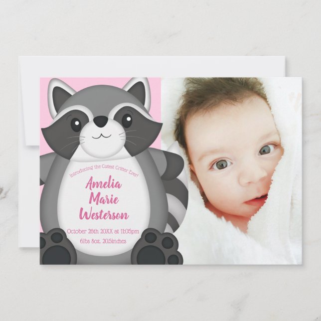 Invitación Raccoon Baby Shower Pink (Anverso)