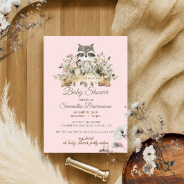 Invitación Raccoon Baby Shower rosa botánico