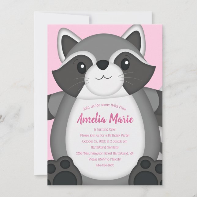 Invitación Raccoon Birday Party Pink (Anverso)