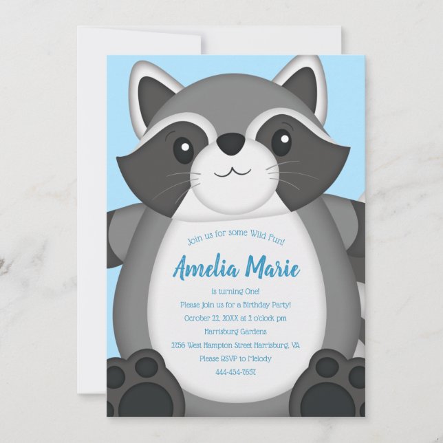 Invitación Raccoon Birthday Party Blue (Anverso)