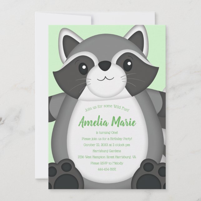 Invitación Raccoon Birthday Party Green (Anverso)
