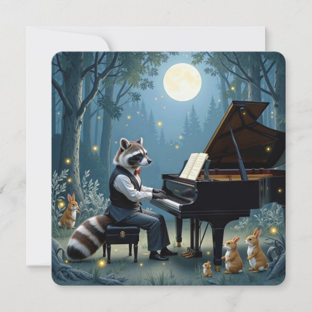 Invitación Raccoon dando un recital de piano en el bosque (Anverso)