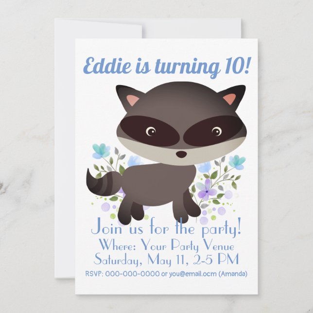 Invitación Raccoon de bebé con flores Cumpleaños (Anverso)