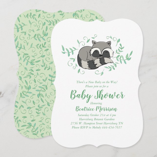 Invitación Raccoon durmiente Baby Shower Woodland (Anverso / Reverso)