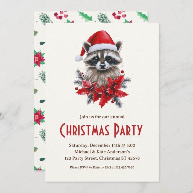Invitación Raccoon en un Fiesta de Navidades de Santa Hat Poi (Anverso / Reverso)