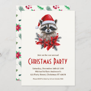 Invitación Raccoon en un Fiesta de Navidades de Santa Hat Poi