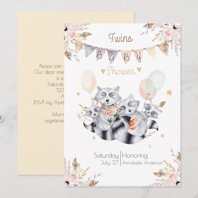 Invitación Raccoon Family Twins Boho Baby Shower (Anverso / Reverso)