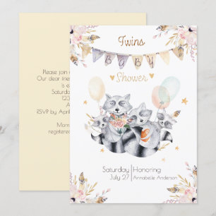 Invitación Raccoon Family Twins Boho Baby Shower