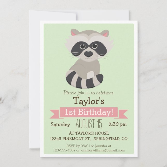 Invitación Raccoon, fiesta de cumpleaños de Animal Kid de Woo (Anverso)