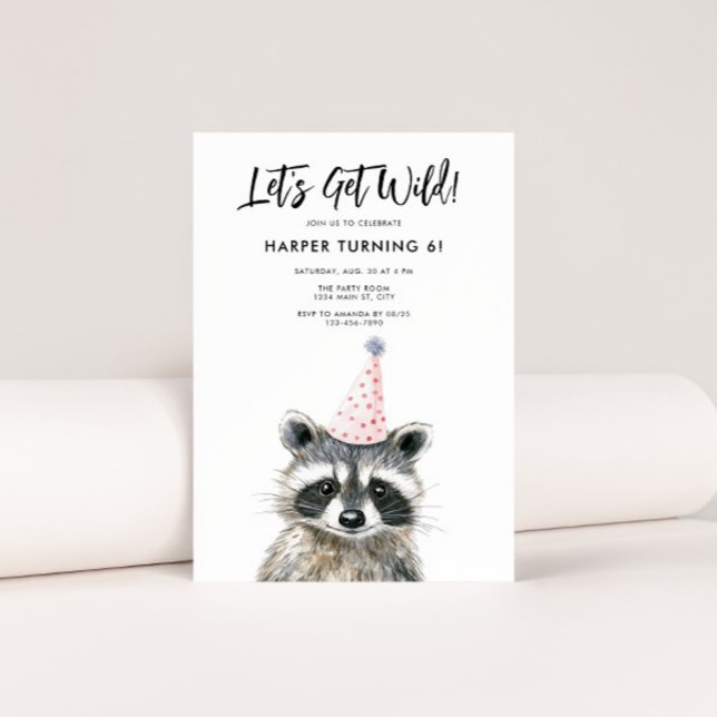 Invitación Raccoon Fiesta Gorra Niños Woodland Cumpleaños (Let's Get Wild Raccoon Birthday Invite)