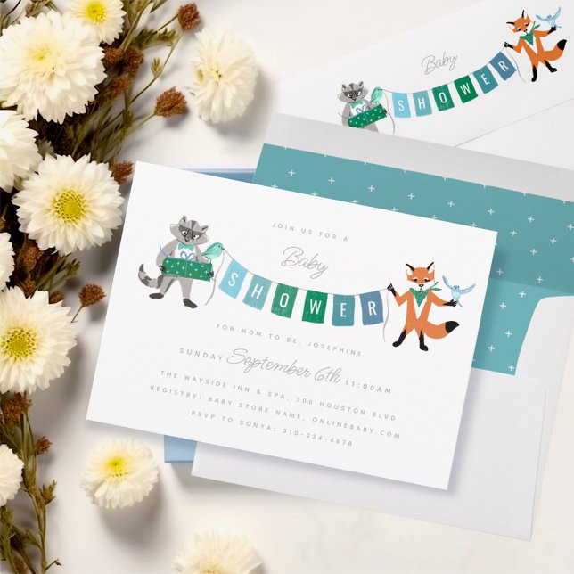 Invitación Raccoon Fox Forest Friends Blue Baby Shower (Subido por el creador)