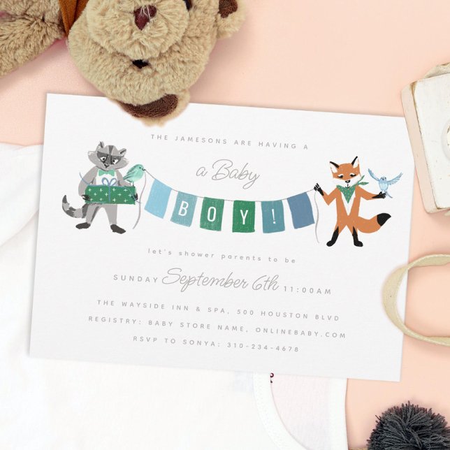 Invitación Raccoon Fox Forest Friends Boy Baby Shower Azul (Subido por el creador)