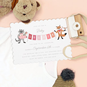 Invitación Raccoon Fox Forest Friends Pink Baby Shower