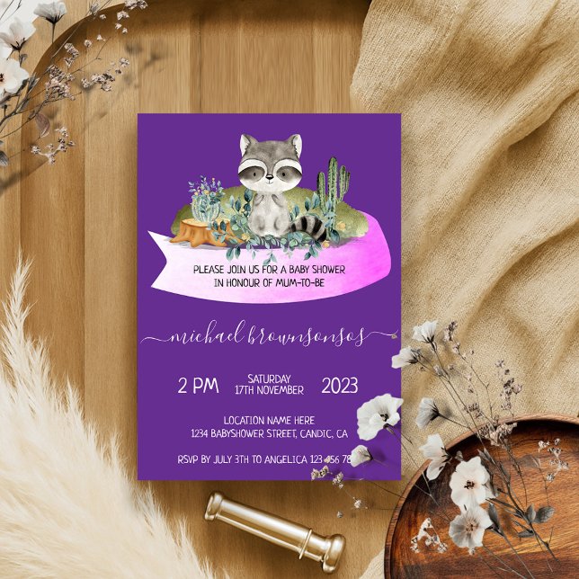 Invitación Raccoon Purple Animal Tropical Baby Shower (Subido por el creador)