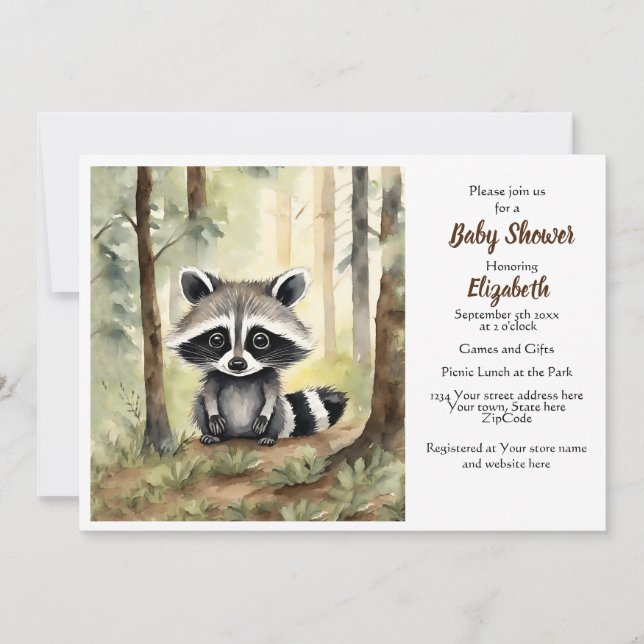 Invitación Raccoon Sexo Neutral Baby Shower (Anverso)
