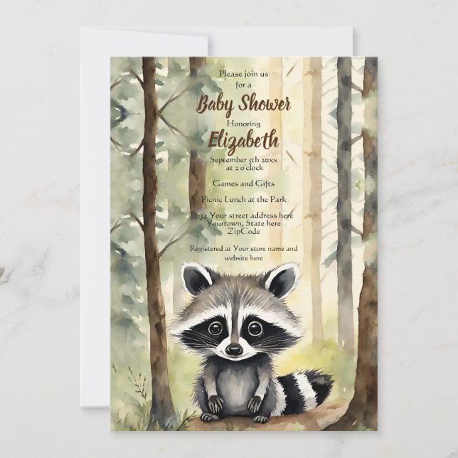 Invitación Raccoon Sexo Neutral Baby Shower (Anverso)