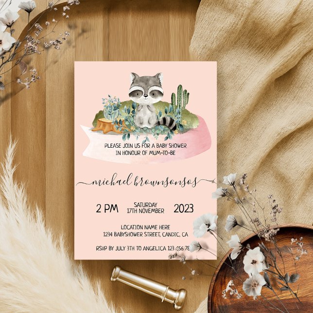 Invitación Raccoon Tropical De Los Animales De Boho Rosa (Subido por el creador)
