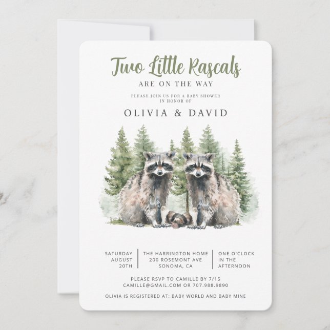 Invitación Raccoon Twins Baby Shower (Anverso)