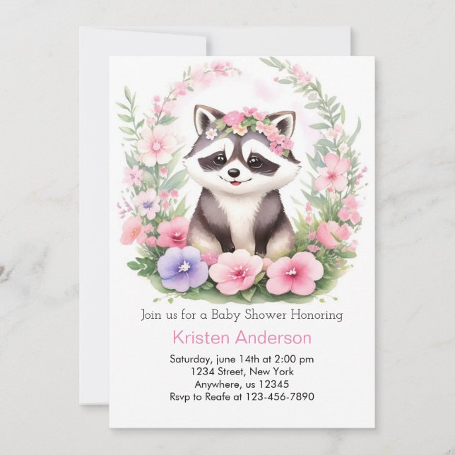 Invitación Raccoon Watercolor Wonderland Chica Baby Shower (Anverso)