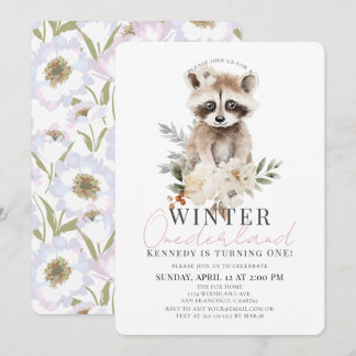 Invitación Raccoon Winter Onederland Chica 1er cumpleaños