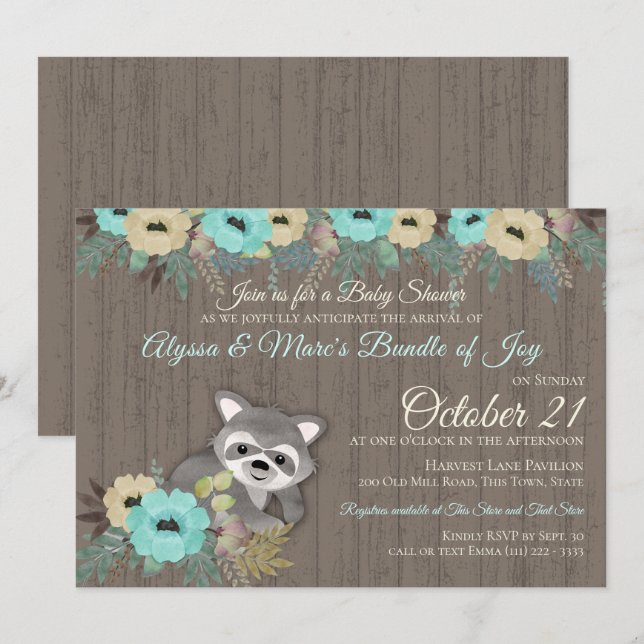 Invitación Raccoon Woodland Floral Baby Shower (Anverso / Reverso)