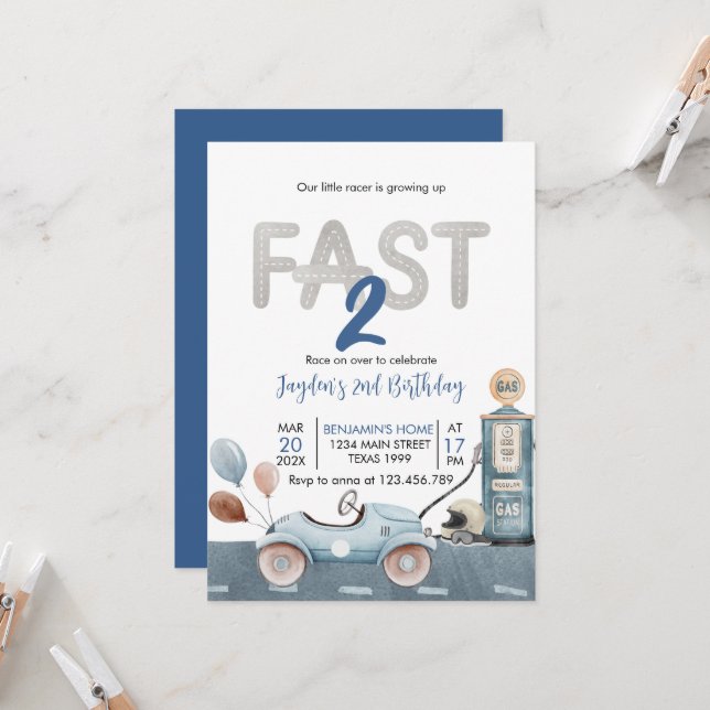 Invitación Race Car 2ª Carreras Dos Cumpleaños Rápido (Anverso/Reverso In Situ)