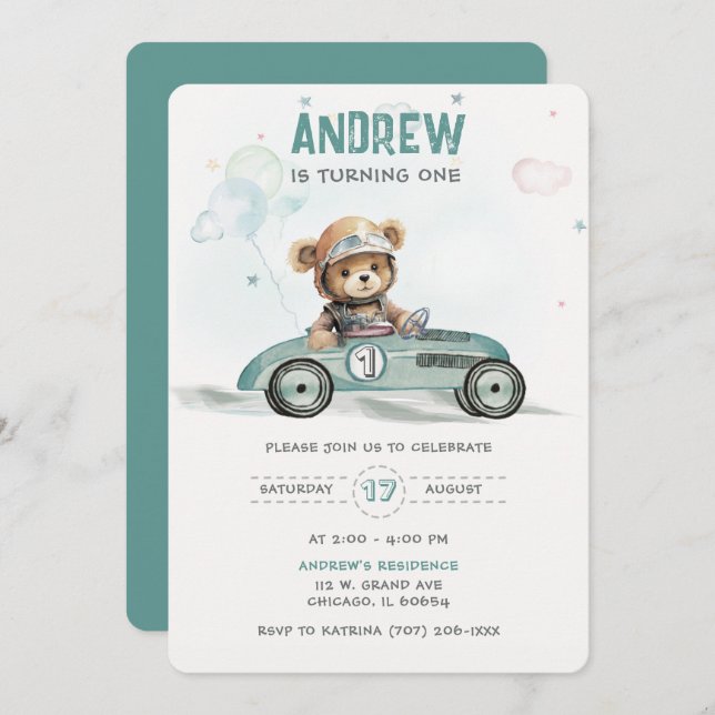 Invitación Race Car Baby Bear Primer Cumpleaños (Anverso / Reverso)