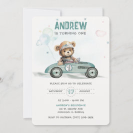 Invitación Race Car Baby Bear Primer Cumpleaños