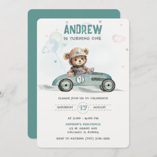 Invitación Race Car Baby Bear Primer Cumpleaños