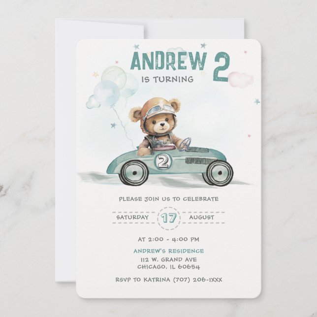 Invitación Race Car Baby Bear Segundo Cumpleaños (Anverso)