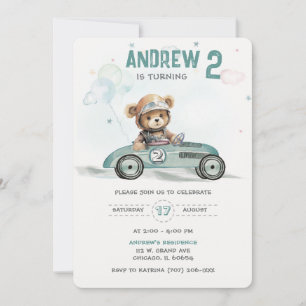 Invitación Race Car Baby Bear Segundo Cumpleaños