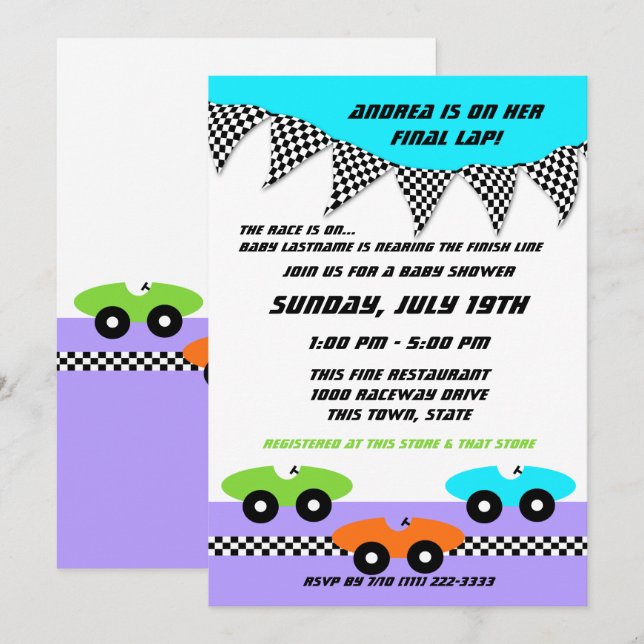 Invitación Race Car Baby Shower (Anverso / Reverso)