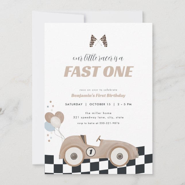 Invitación Race Car Beige Fast One First Birthday Invite  (Anverso)