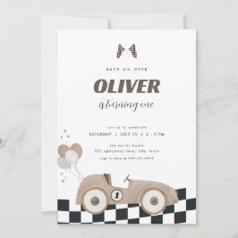 Invitación Race Car Beige Vintage Car First Birthday Invite