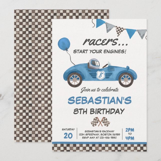 Invitación Race Car Birday Blue Carreras Track Fiesta de cump (Anverso / Reverso)